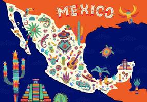 Cartoon Mexican travel map with Mexico landmarks vector