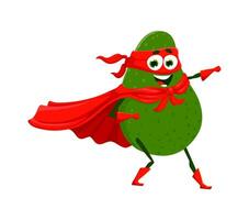 Cartoon avocado superhero character in cape, mask vector