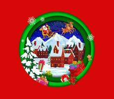 Christmas paper cut cartoon flying santa on sleigh vector