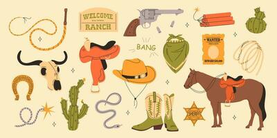 Wild west set. Cute set of cowboy elements with cactus, hat, whip, snake, boots, skull, horseshoe saddle, revolver, headscarf. Various objects. Cowboy theme. Hand drawn colored Vector set.