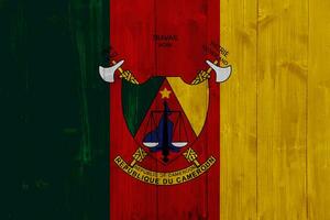 bandera y Saco de brazos de el república de Camerún en un texturizado antecedentes. concepto collage. foto