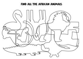 Find all the imposed african animals. Find all silhouettes. Logical puzzle for kids. vector