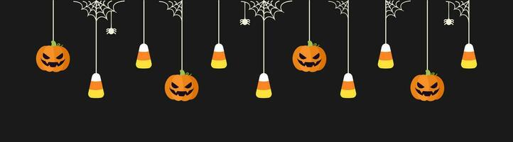 Happy Halloween border banner with candy corn and jack o lantern pumpkins hanging from spider webs. Spooky Ornaments Decoration Vector illustration, trick or treat party invitation