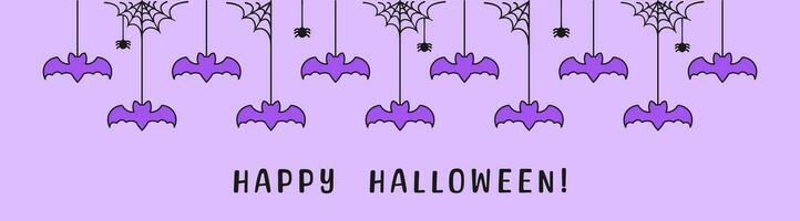 Happy Halloween banner border with bats hanging from spider webs. Spooky Ornaments Decoration Vector illustration, trick or treat party invitation