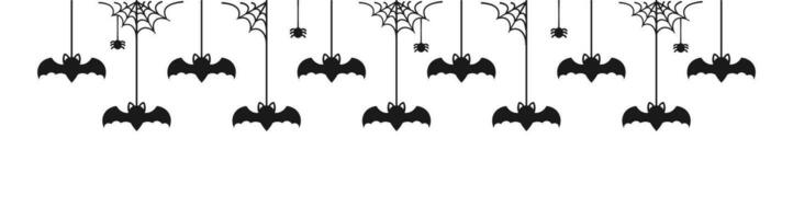 Happy Halloween banner border with bats hanging from spider webs silhouette. Spooky Ornaments Decoration Vector illustration, trick or treat party invitation
