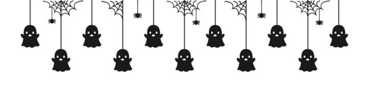 Happy Halloween banner border with ghost hanging from spider webs. Spooky Ornaments Decoration Vector illustration, trick or treat party invitation