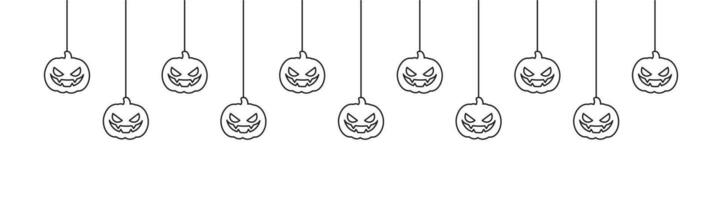 Happy Halloween banner border with jack o lantern pumpkins hanging from spider webs. Spooky Ornaments Decoration Vector illustration, trick or treat party invitation