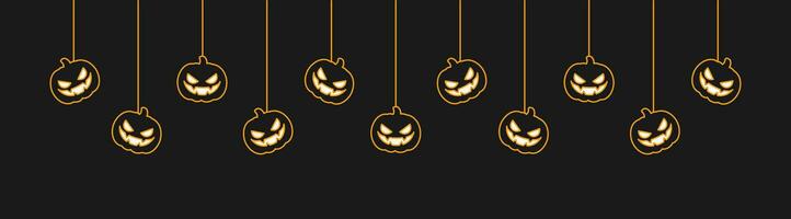 Happy Halloween banner or border with glowing eyes jack o lantern pumpkins. Hanging Spooky Ornaments Decoration Vector illustration, trick or treat party invitation