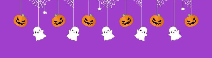 Happy Halloween border banner with ghost and jack o lantern pumpkins. Hanging Spooky Ornaments Decoration Vector illustration, trick or treat party invitation