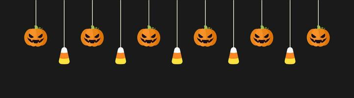 Happy Halloween border banner with candy corn and jack o lantern pumpkins hanging from spider webs. Spooky Ornaments Decoration Vector illustration, trick or treat party invitation