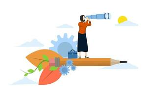 Designer concept woman flying astride pencil and looking for creative idea, talented creative worker. creative designer girl flying on a pencil rocket looking through binoculars looking for ideas vector