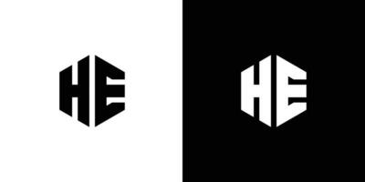 Letter H E polygon, Hexagonal minimal and professional logo design on black and white background vector