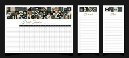 Planners set geometry. Habit tracker, to do list and notes planners. Planners printable template with geometric shapes. Blank white notebook page A4. Vector illustration.