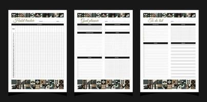planificadores conjunto geometría. habito rastreador, a hacer lista y objetivo planificadores planificadores imprimible modelo con geométrico formas blanco blanco cuaderno página a4. vector ilustración.