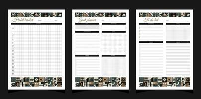 Planners set geometry. Habbit tracker, to do list and goal planners. Planners printable template with geometric shapes. Blank white notebook page A4. Vector illustration.