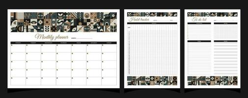 Planners set geometry. Monthly, habit tracker, to do list planners. Planners printable template with geometric shapes. Blank white notebook page A4. Vector illustration.