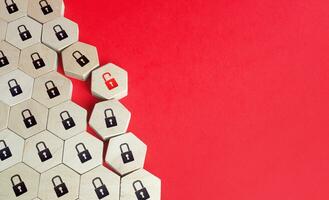Security system is compromised and is falling apart. Corporate data leakage. Hacker attack. Search for software vulnerabilities. Violation of integrity. Multilevel network protection. photo