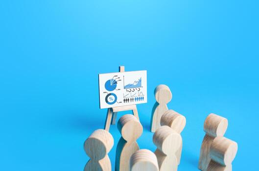 People listen to the report at the meeting. Presentation of work results, summing up. Business analytics, marketing research. Economic reporting, forecasting and modeling. Discussion at briefing photo