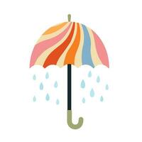 Cute abstract umbrella with falling rain drops.Retro groovy striped pattern vector