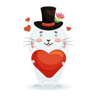 Cute gray rabbit hugs a red heart and around him small hearts. Romantik bunny in cylinder hat. Character in cartoon style for St. Valentine vector