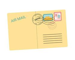 Closed airmail envelope with post stamps and seals from journey. Paper mail correspondence vector