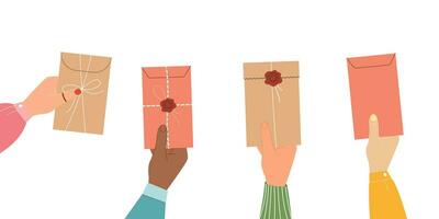 Hands different color skin race of people holding closed craft envelope sealed with and without wax stamp vector