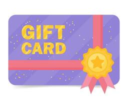 Gift card template vector illustration. Loyalty card with quality guarantee medal with star and ribbon