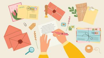 Hand is writing on paper  letter, around stack of envelopes, wax stamp, stamps, top view vector