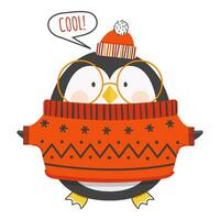 linda bebé pingüino en redondo anteojos, suéter, sombrero. dibujos animados personaje para pegatina, tarjeta postal vector