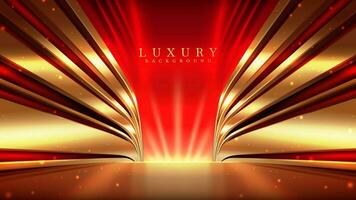 Elegant red stage with golden curves with light and bokeh effect decoration. Luxury stage design concept for product promotion or award ceremony. vector