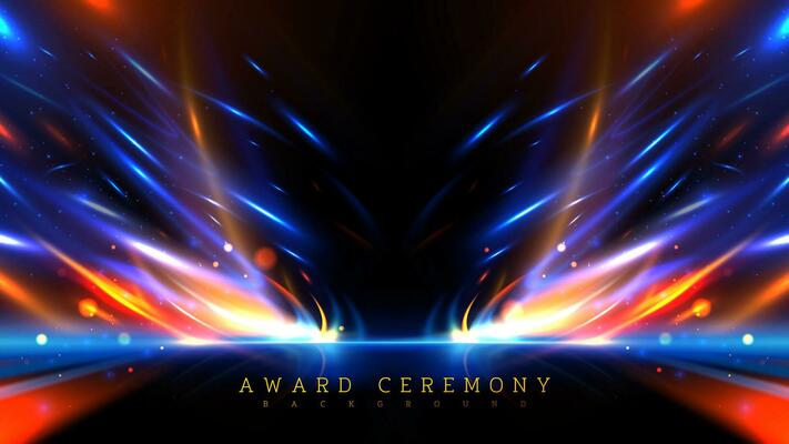 Blue curve  light overlap gold ray motion effects on black background with bokeh decorations.