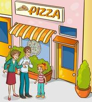 vector illustration of happy cute family going out to eat pizza