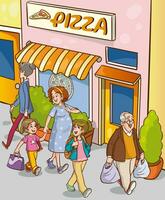 vector illustration of happy cute family going out to eat pizza