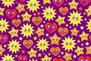 Seamless cartoon pattern. Endless repeating seamless pattern with smiling hearts, suns, and stars. Happy, positive, childish design. vector