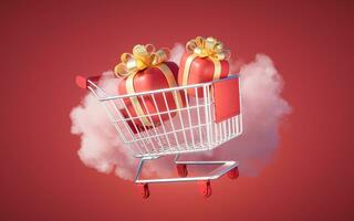 Gift box and shopping cart with cloud background, 3d rendering. photo