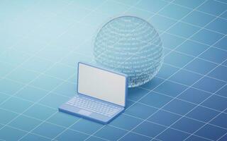 Transparent data sphere with laptop, 3d rendering. photo
