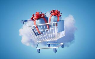 Gift box and shopping cart with cloud background, 3d rendering. photo