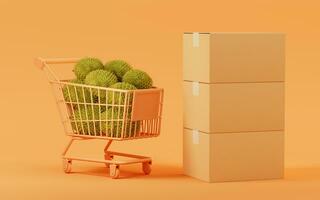 Durian with shopping cart, 3d rendering. photo