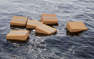 Cardboard boxes floating in the ocean , 3d rendering. photo