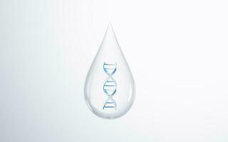 Transparent water drop with DNA inside, 3d rendering. photo