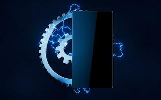 Mobile phone and gears with lightning effect, 3d rendering. photo