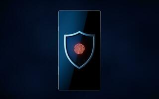 Glossy shield with fingerprint identification on mobile phone, 3d rendering. photo