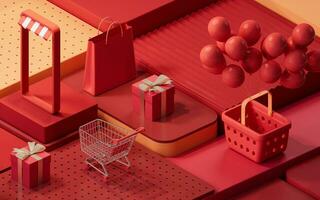 Shopping day activity with cube platform background, 3d rendering. photo