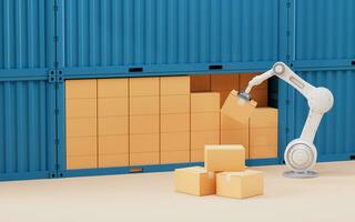 Mechanical arm and cardboard box, 3d rendering. photo