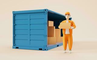 Cargo container and deliveryman, freight and export, 3d rendering. photo