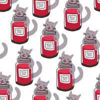 Cute pattern with the cat eating jam from the jar on white. Cute children pattern in hand drawn style vector