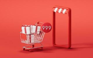 Shopping cart with 3d cartoon style, 3d rendering. photo