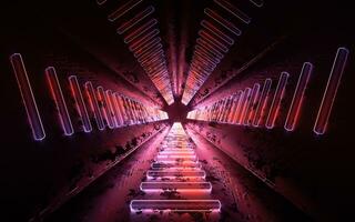 oscuro túnel con brillante neón líneas, 3d representación. foto