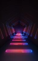 Dark tunnel with glowing neon lines, 3d rendering. photo