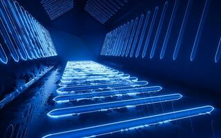 Dark tunnel with glowing neon lines, 3d rendering. photo